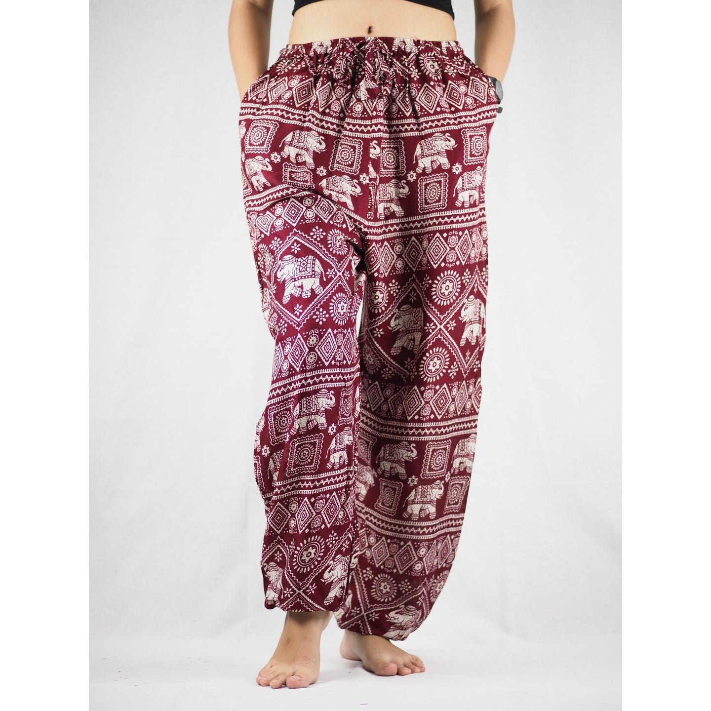 African Elephant Unisex Drawstring Genie Pants in Red PP0110 020004 03