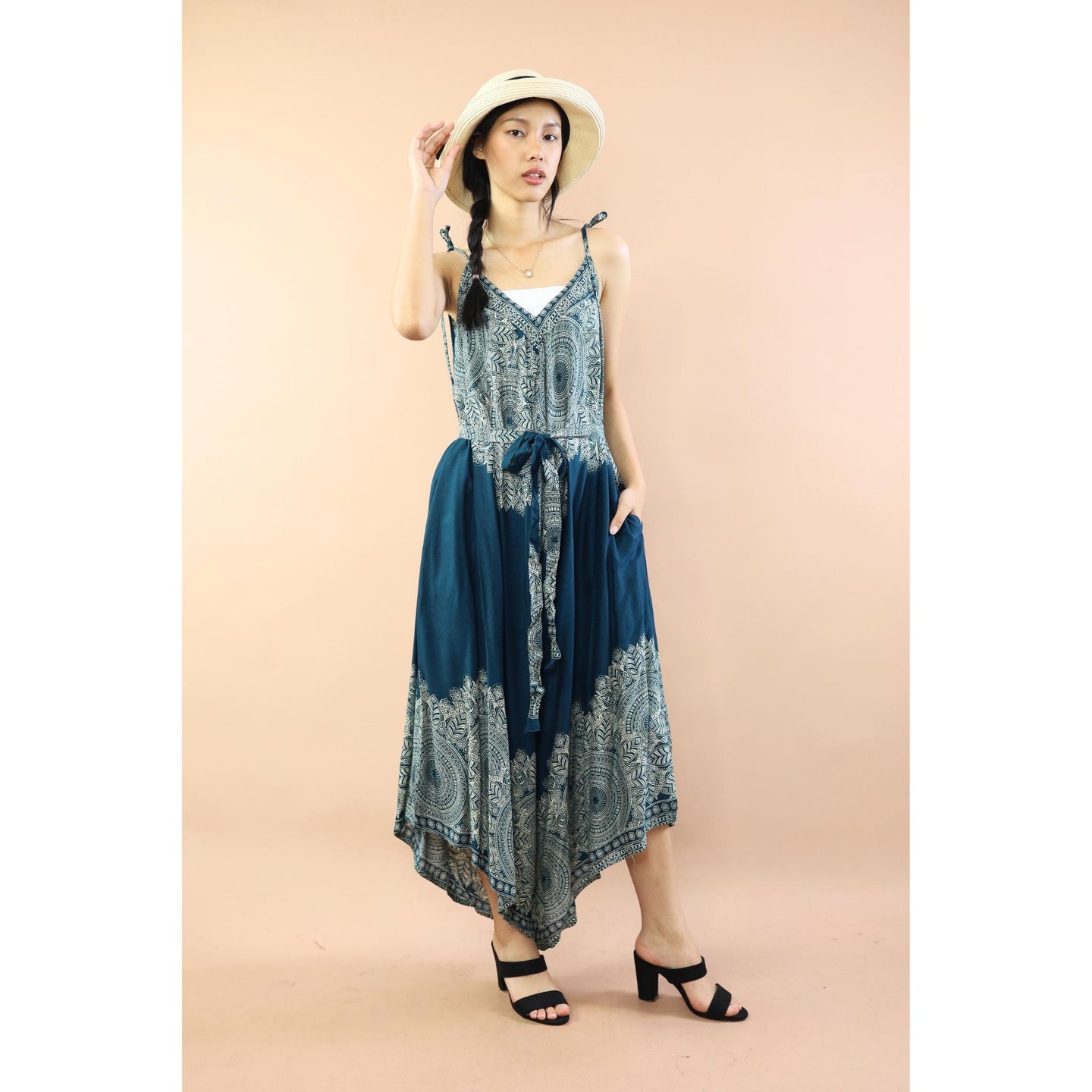 Floral mandala Women's Jumpsuit with Belt in Ocean Blue JP0097 020036 03