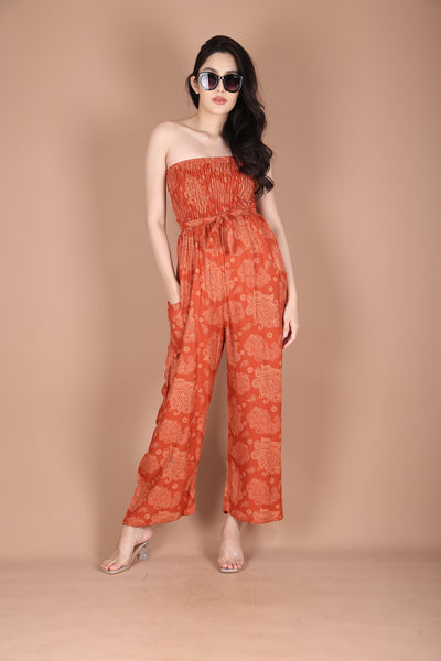 Mandala Flower Women's Jumpsuit Wide Legs Style with Belt in Orange JP0099-020348-01