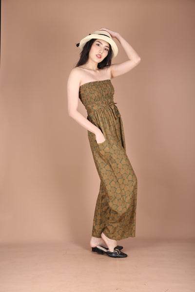 Mandala Leaves Women's Jumpsuit Wide Legs Style with Belt in Olive JP0099-020351-01