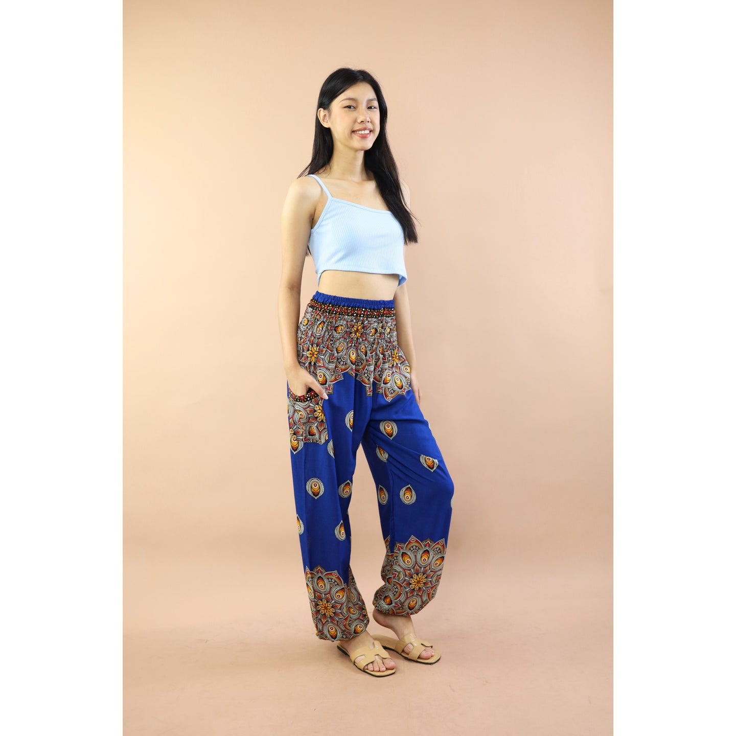 Mandala Flower Women Harem Pants in Bright Navy