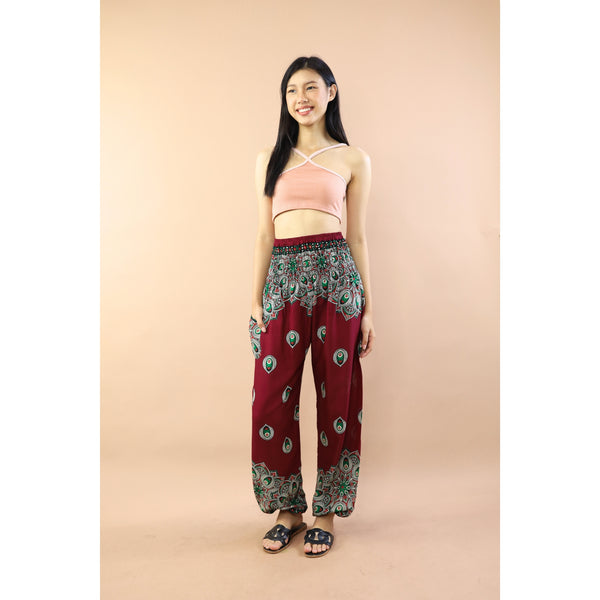 Mandala Flower Women Harem Pants in Burgundy