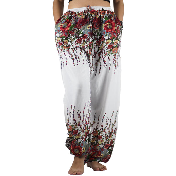 Floral Royal Unisex Drawstring Genie Pants in White Red PP0110 020010 03