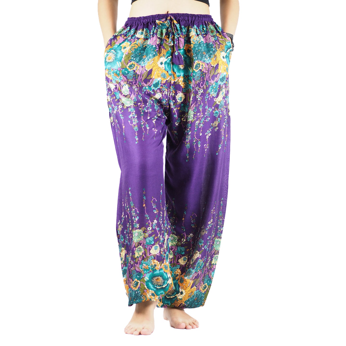 Floral Royal Unisex Drawstring Genie Pants in Purple PP0110 020010 12