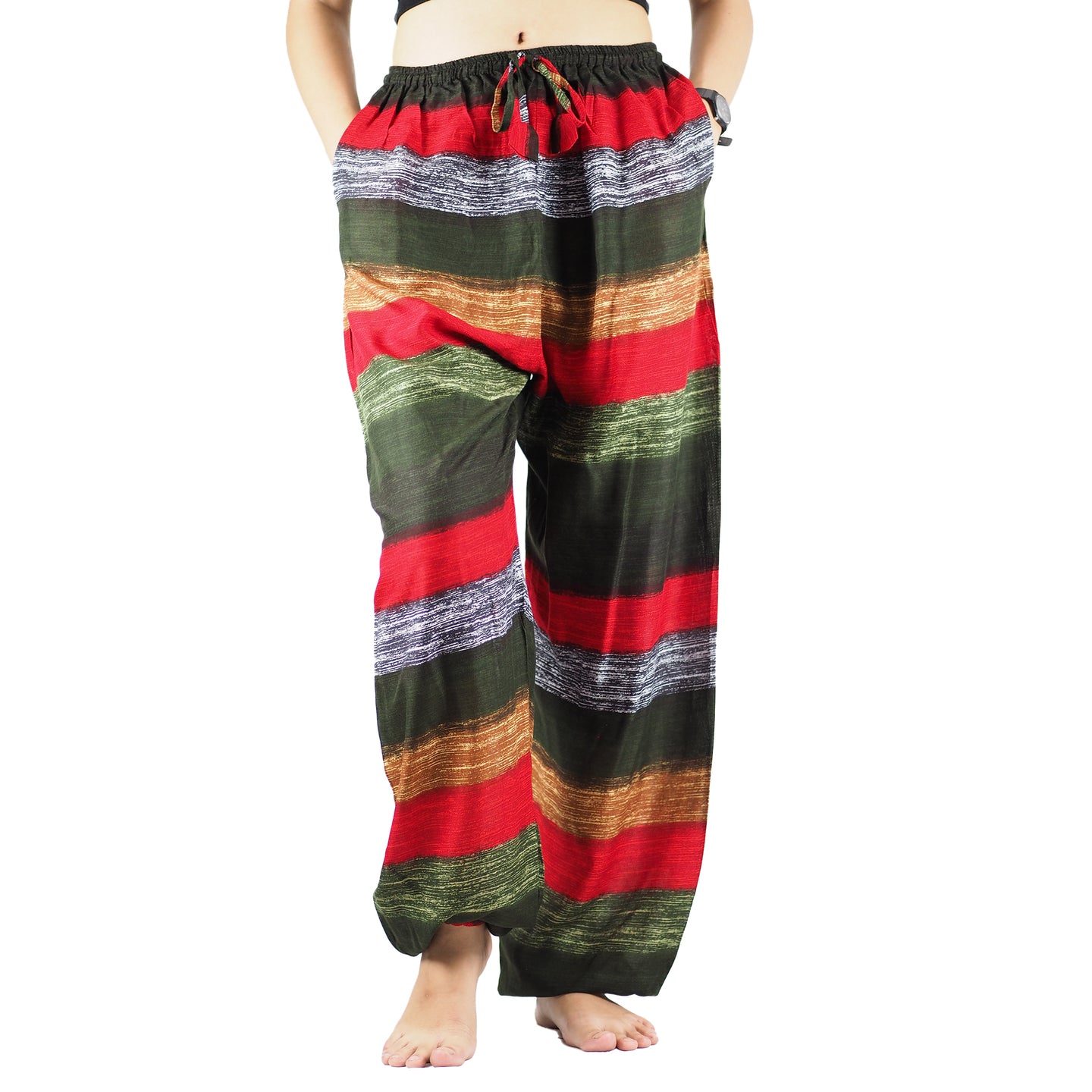 Funny Stripe Unisex Drawstring Genie Pants in Green PP0110 020021 04