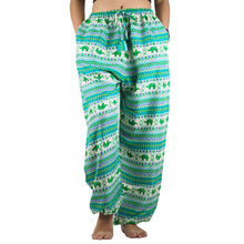 Load image into Gallery viewer, Striped elephant Unisex Drawstring Genie Pants in Green PP0110 020053 05