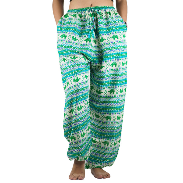 Striped elephant Unisex Drawstring Genie Pants in Green PP0110 020053 05