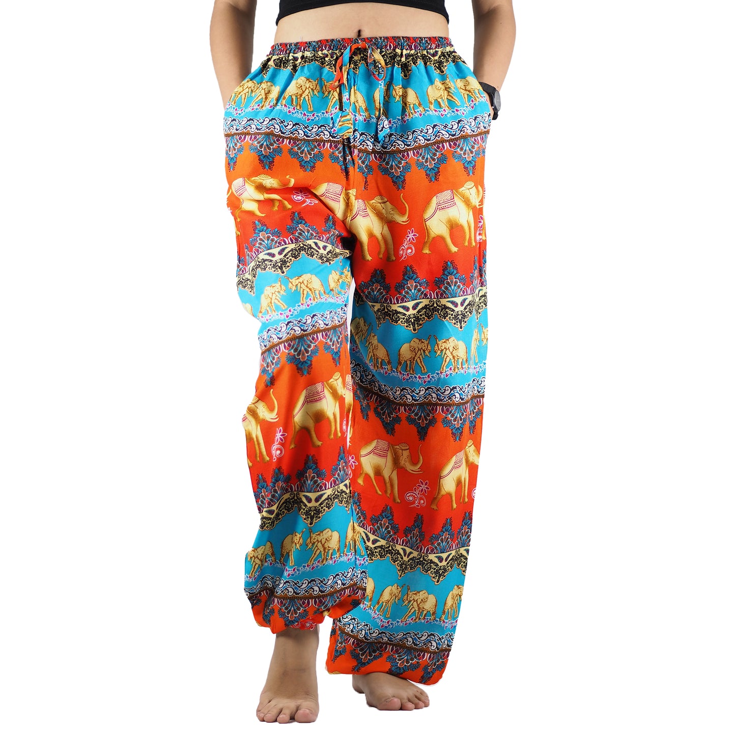 Indian elephant Unisex Drawstring Genie Pants in Orange PP0110 020056 05