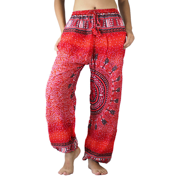Tribal dashiki Unisex Drawstring Genie Pants in Red PP0110 020060 05