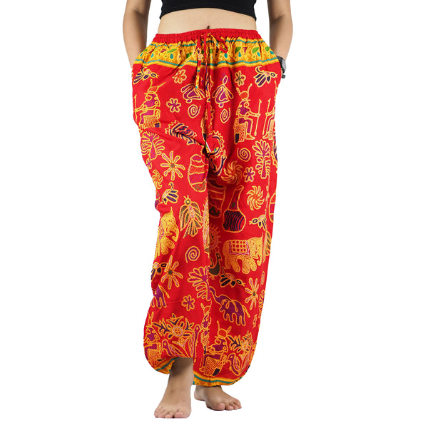 Cartoon elephant Unisex Drawstring Genie Pants in Red PP0110 020061 03