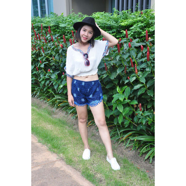 Rose Bushes Women's Pompom Shorts Pants in Navy blue PP0228 020118 03
