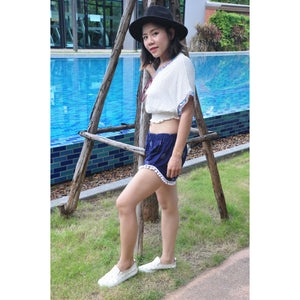 Side Sunflower Women's Pompom Shorts Pants in Navy Blue PP0228 020141 03