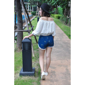 Side Sunflower Women's Pompom Shorts Pants in Ocean Blue PP0228 020141 02