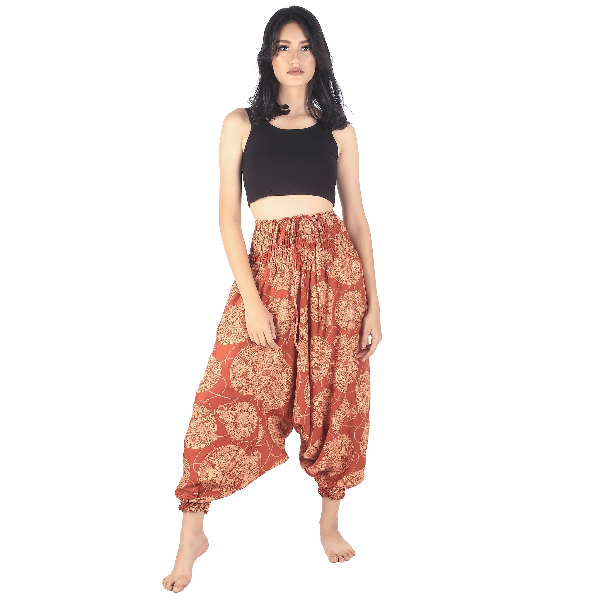 Floral Classic Unisex Aladdin drop crotch pants in Orange