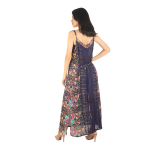 Floral Royal Women's Dresses in Navy DR0398 020010 08 Women in navy dress ( V-neck , adjustable shoulder strap , Full Length )