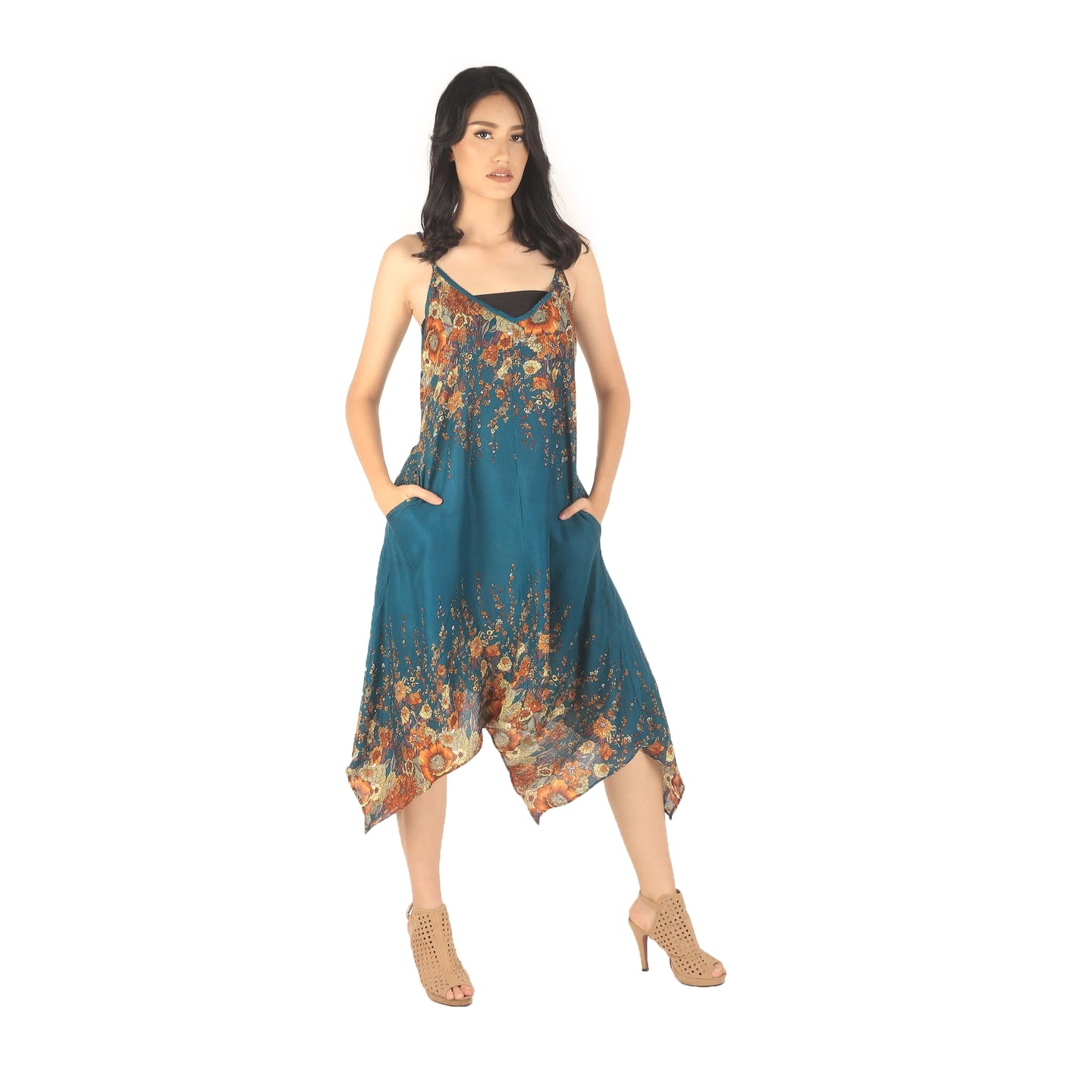 Floral Royal Women's Mini Dresses in Ocean DR0399 020010 07 Women in Ocean dress Details of dress ( crewneck, Sleeveless,Floral Print, 2 side pockets , backless,flowy , Spaghetti Straps )