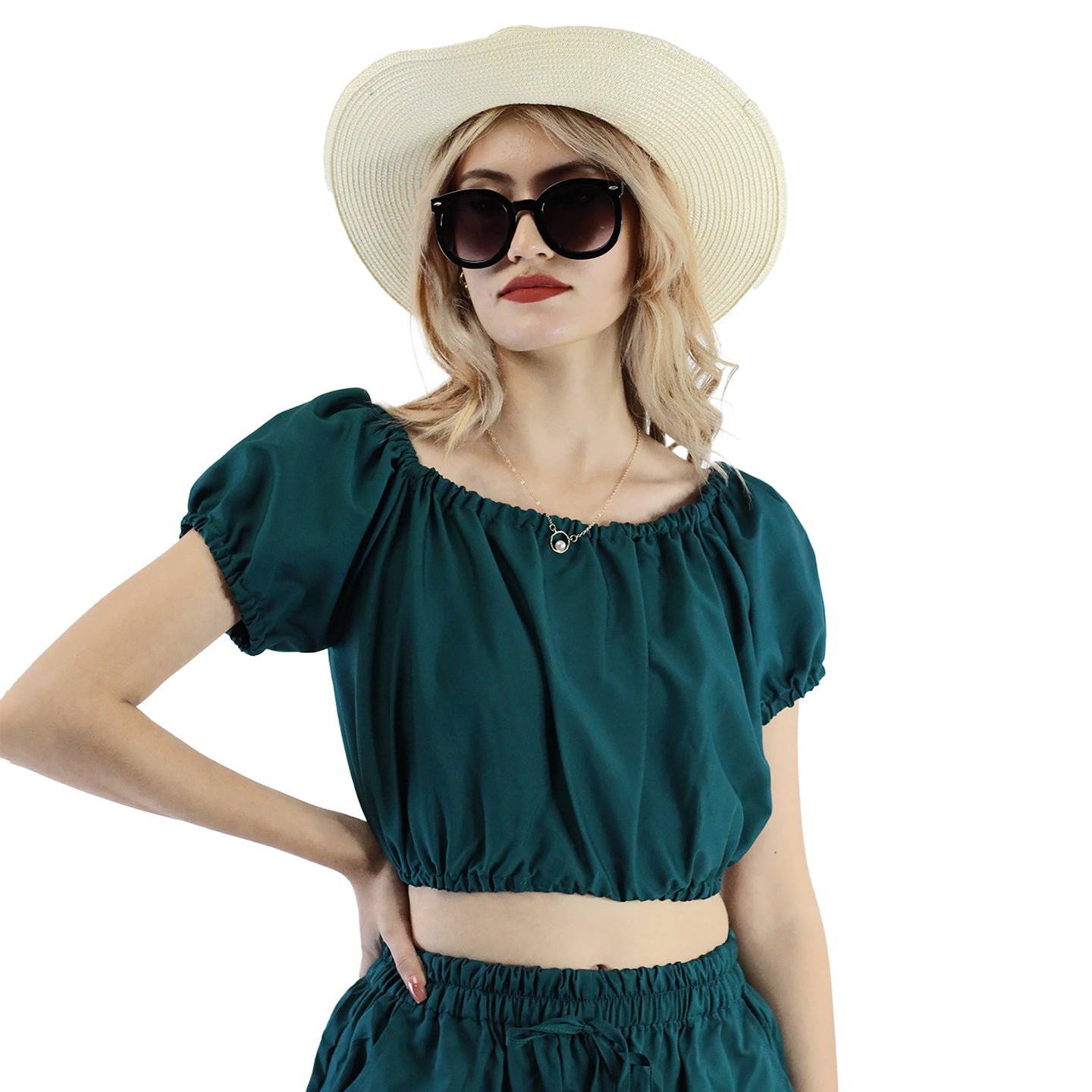 Solid Color Blouse Puff Sleeve Tops in Green SH0194 130000 08