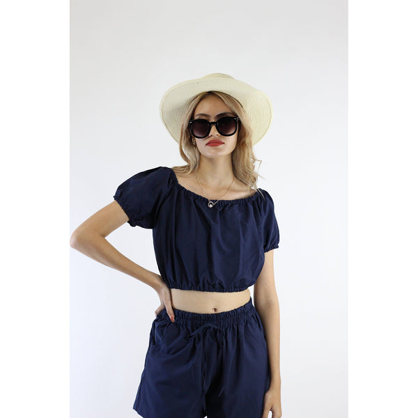 Solid Color Blouse Puff Sleeve Tops in Navy Blue SH0194 130000 03