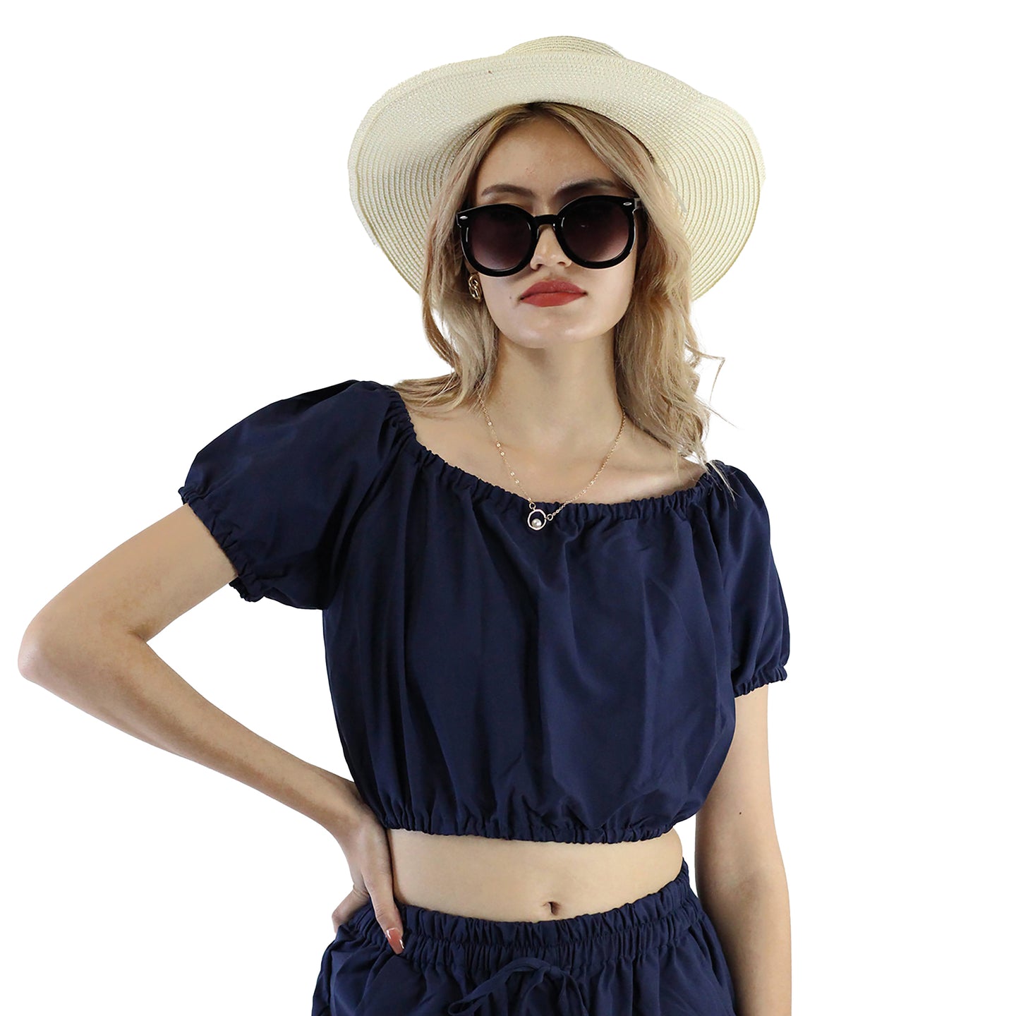 Solid Color Blouse Puff Sleeve Tops in Navy Blue SH0194 130000 03