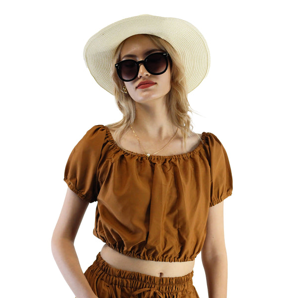 Solid Color Blouse Puff Sleeve Tops in Light brown SH0194 130000 12