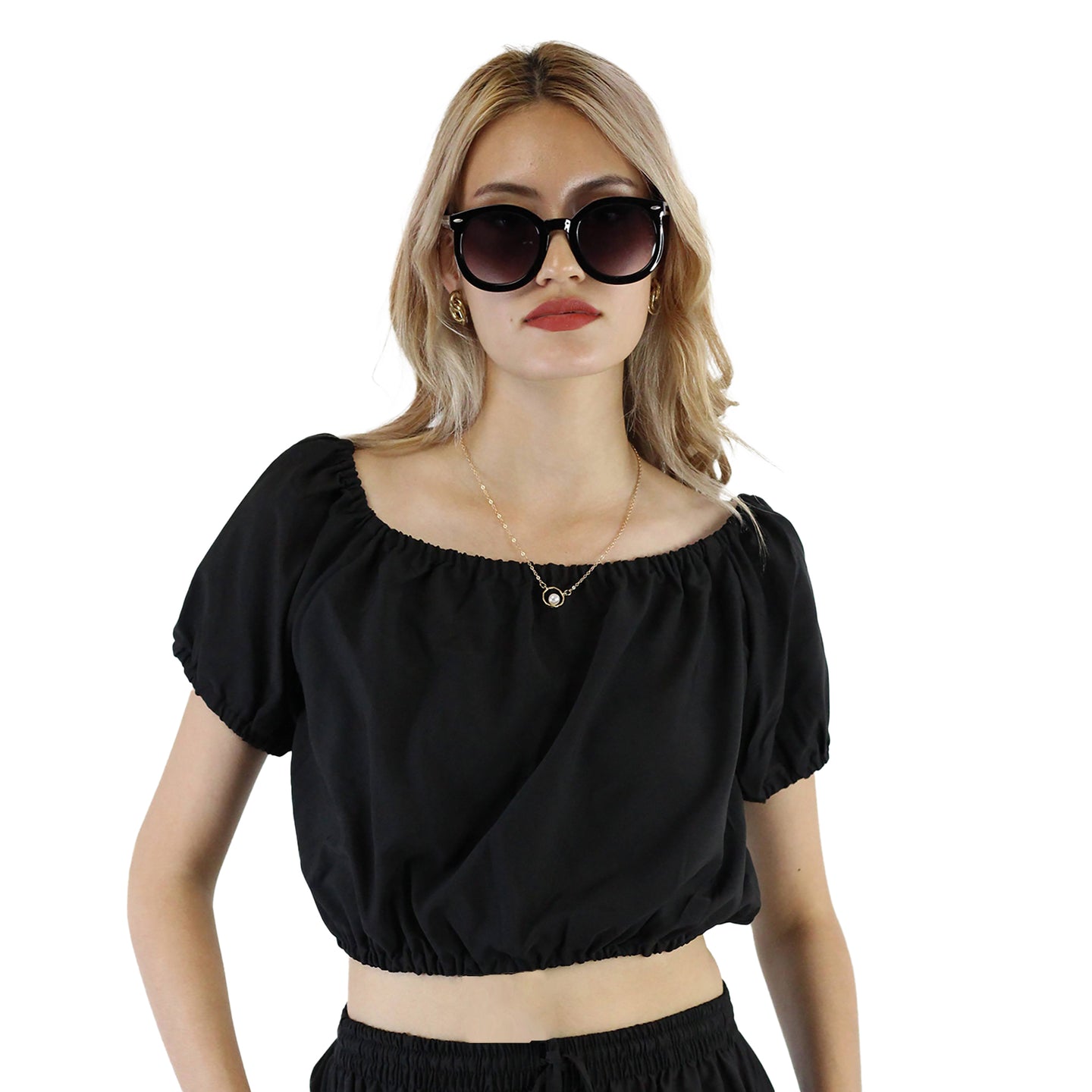 Solid Color Blouse Puff Sleeve Tops in Black SH0194 130000 10