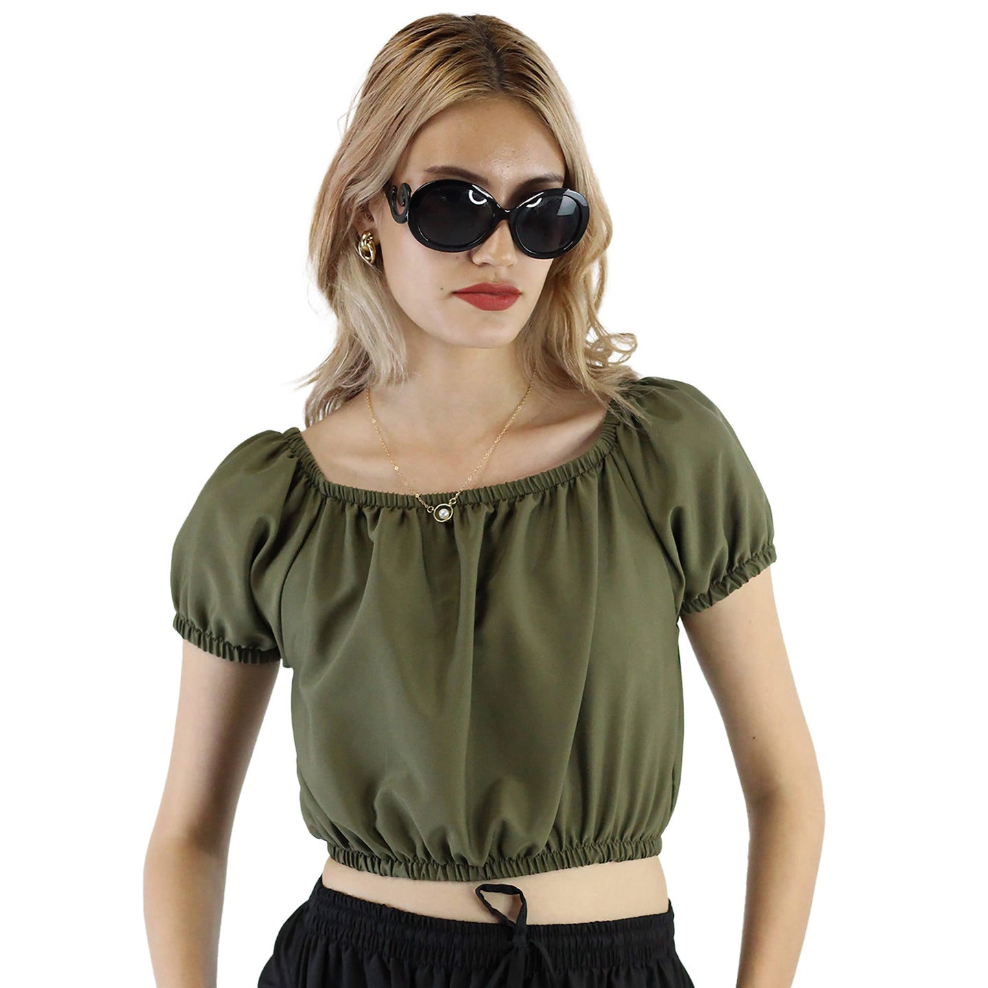 Solid Color Blouse Puff Sleeve Tops in Olive SH0194 130000 21