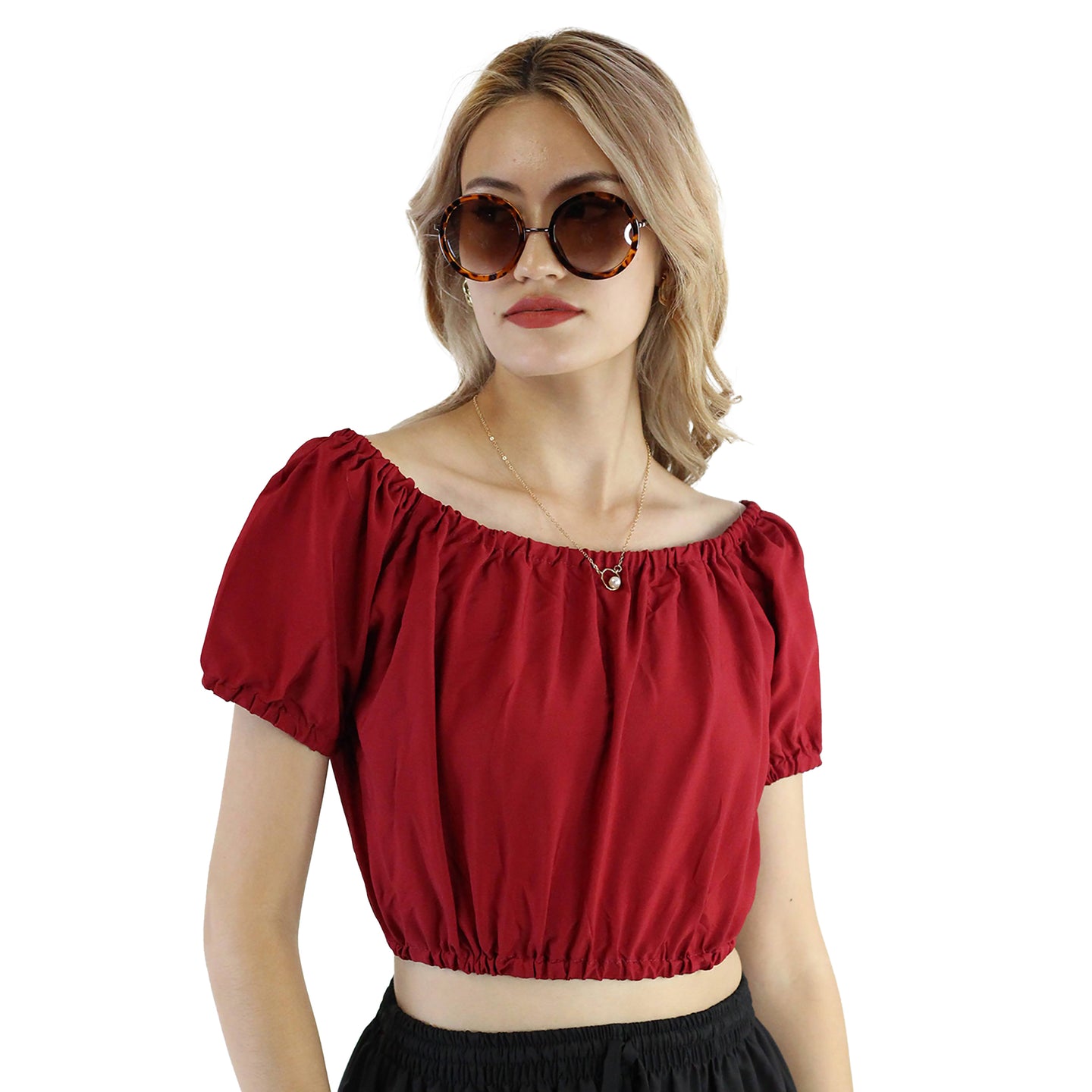 Solid Color Blouse Puff Sleeve Tops in Burgundy SH0194 130000 15