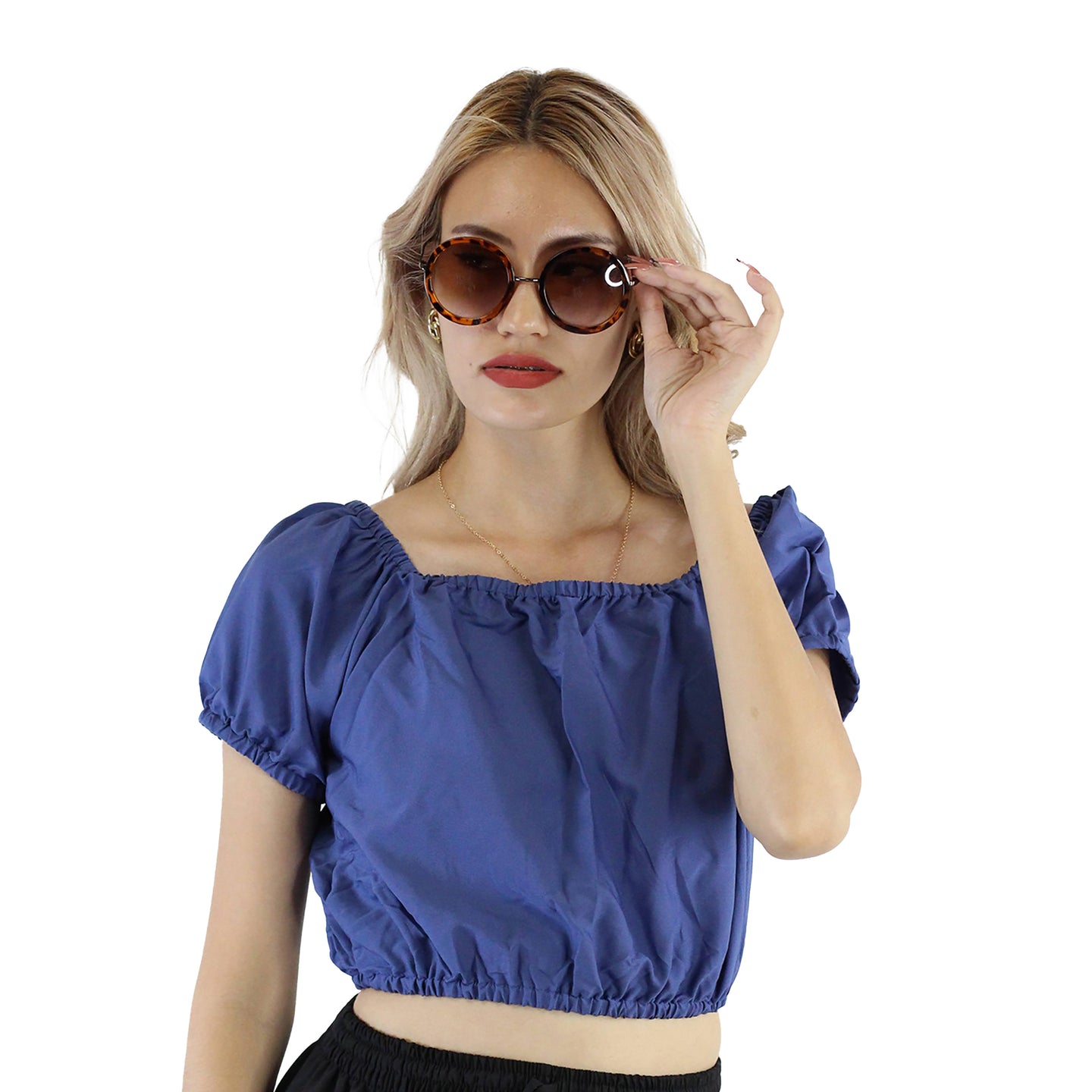 Solid Color Blouse Puff Sleeve Tops in Indigo SH0194 130000 09