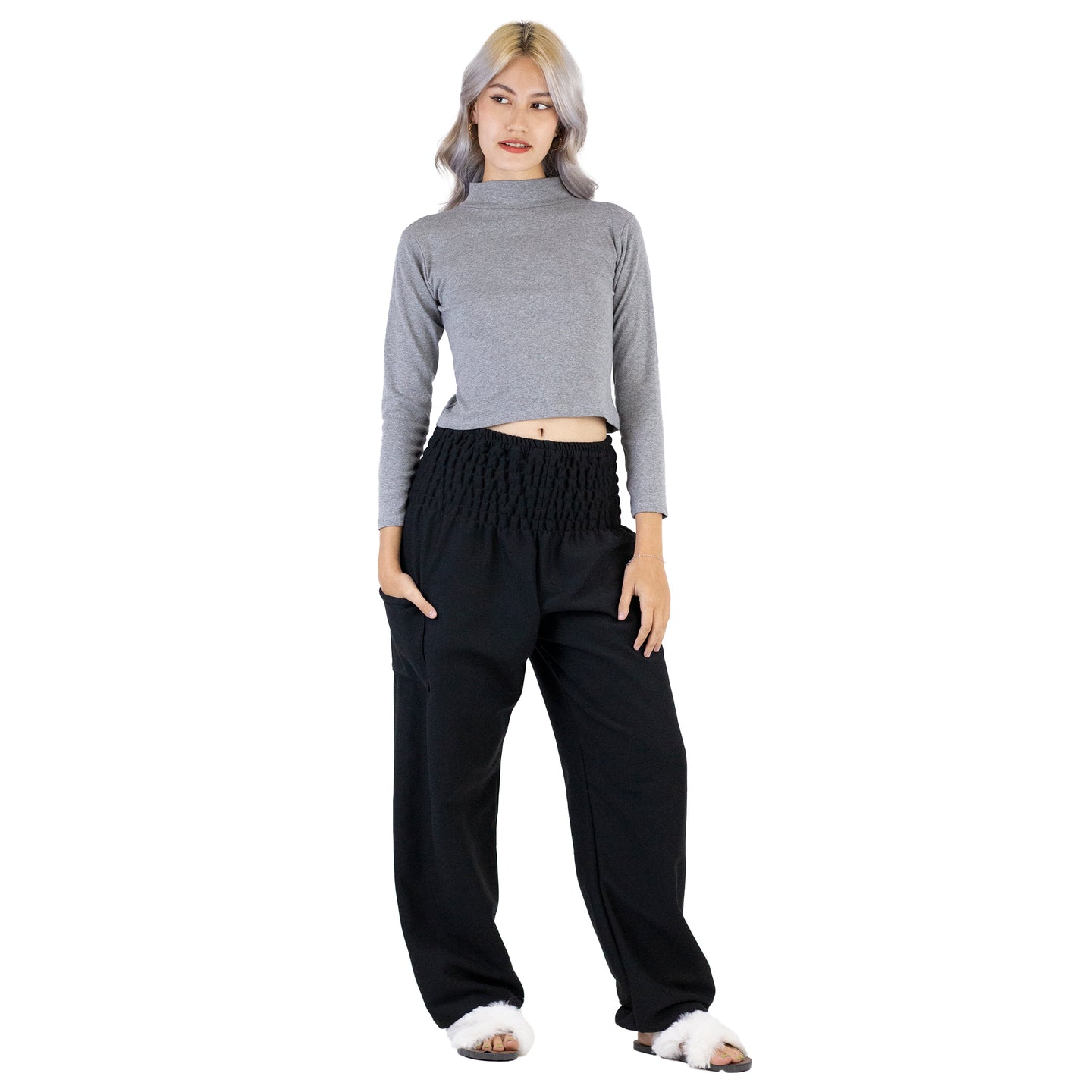 Solid Color Unisex Harem Pants Wool in Black PP0004 080000 10
