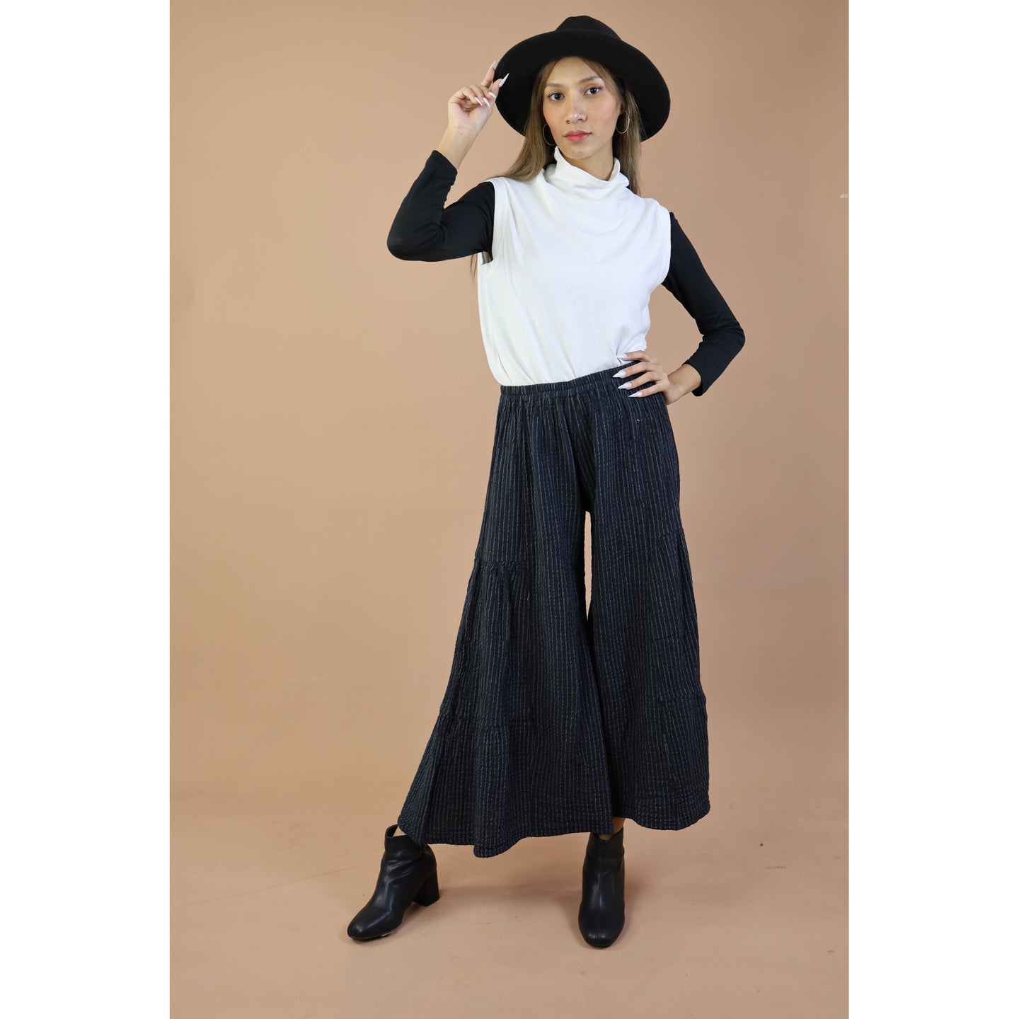 Fall and Winter Collection Organic Cotton Woven Fabric Solid Color Layered Wide Leg Pants LI0028 000001 00