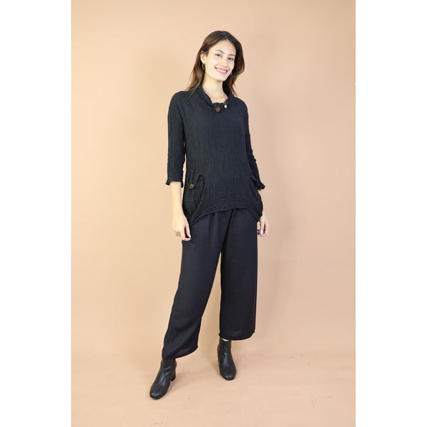 Fall and Winter Collection Organic Cotton Solid Color Tie Neck Top with Button LI0047 000001 00