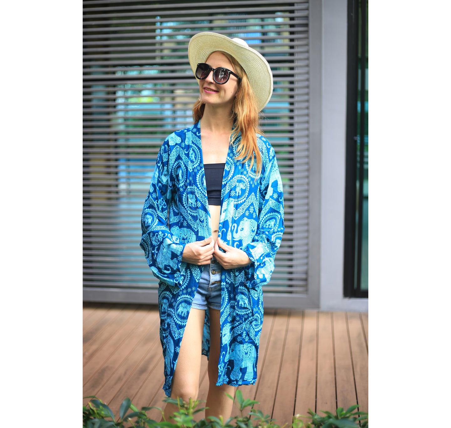 Elephant Circles Women Kimono in Ocean Blue JK0020 020051 02