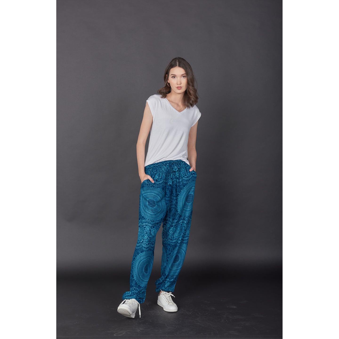 Monotone Mandala Unisex Drawstring Genie Pants in Ocean Blue PP0110 020031 06