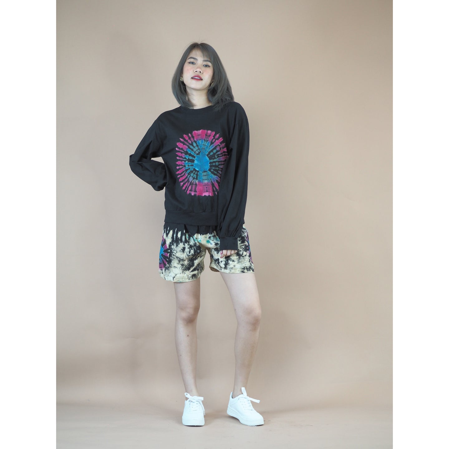 Tie dye women's long sleeve with short pant in Black JP0094 019000 10