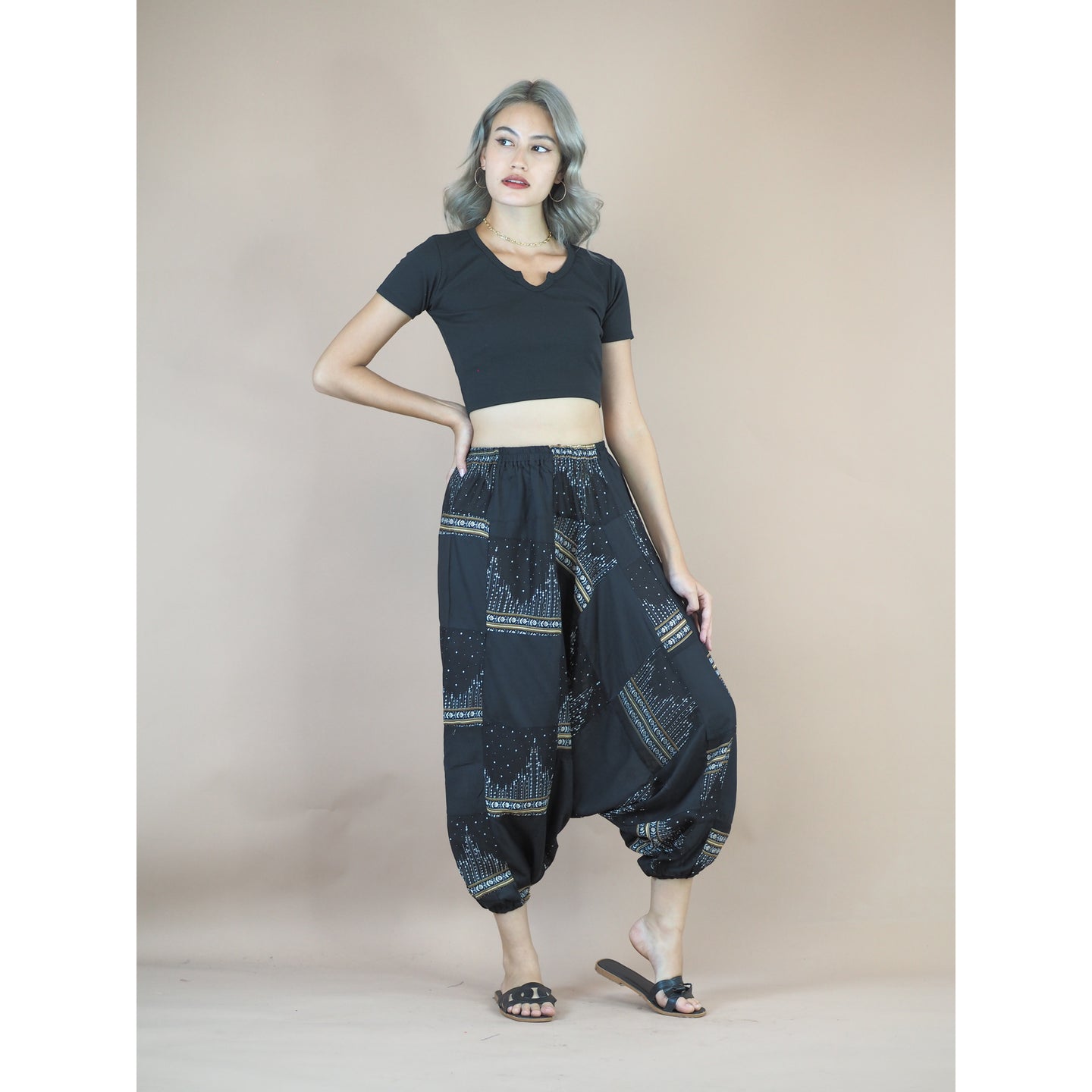 Patchwork Unisex Aladdin Drop Crotch Pants in Black PP0310 028000 10