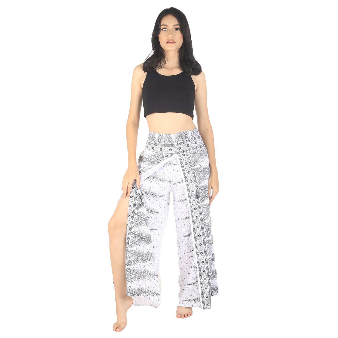 Peacock Feather Dream Women Palazzo Pants in White Black PP0076 020015 11