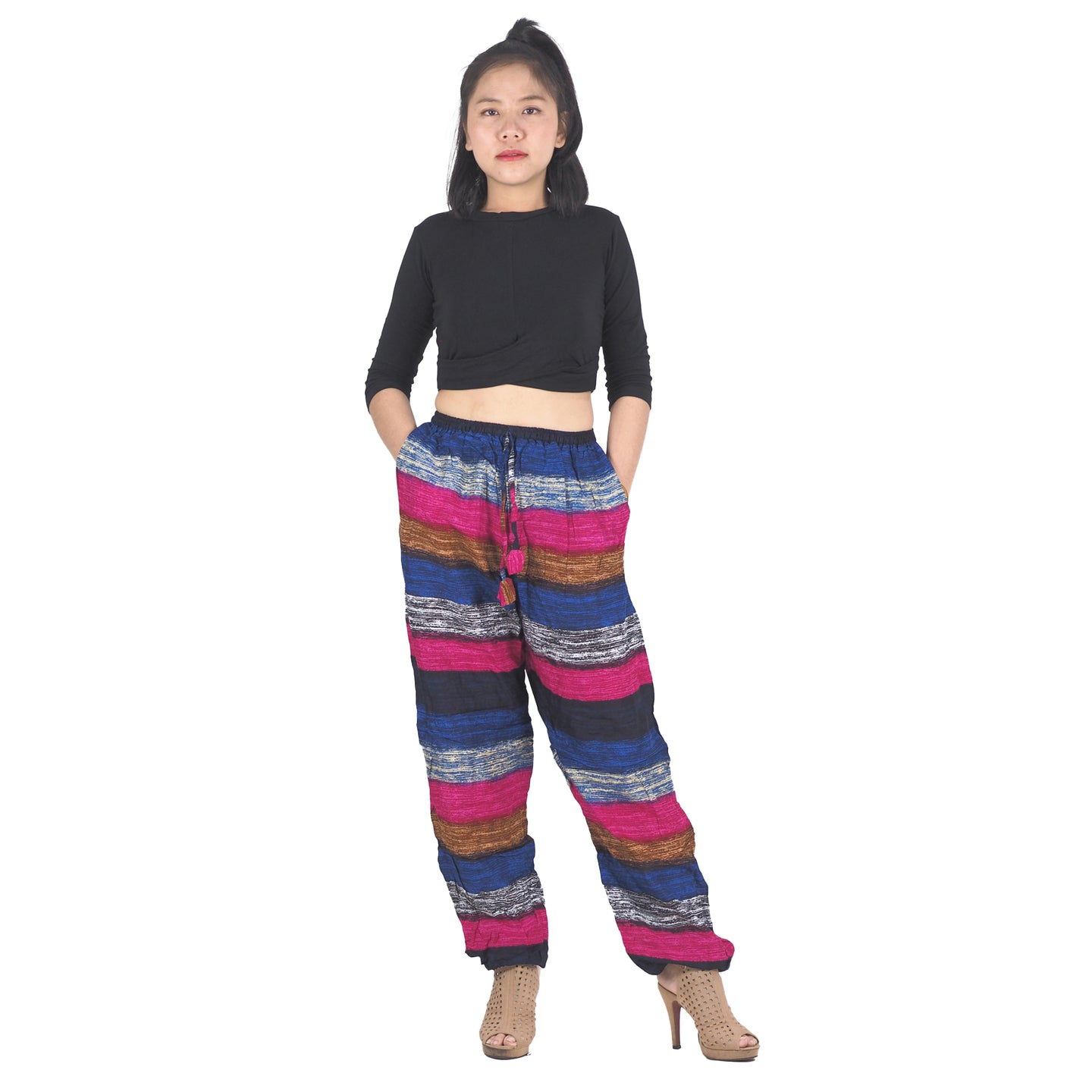 Funny Stripe Unisex Drawstring Genie Pants in Black PP0110 020021 01