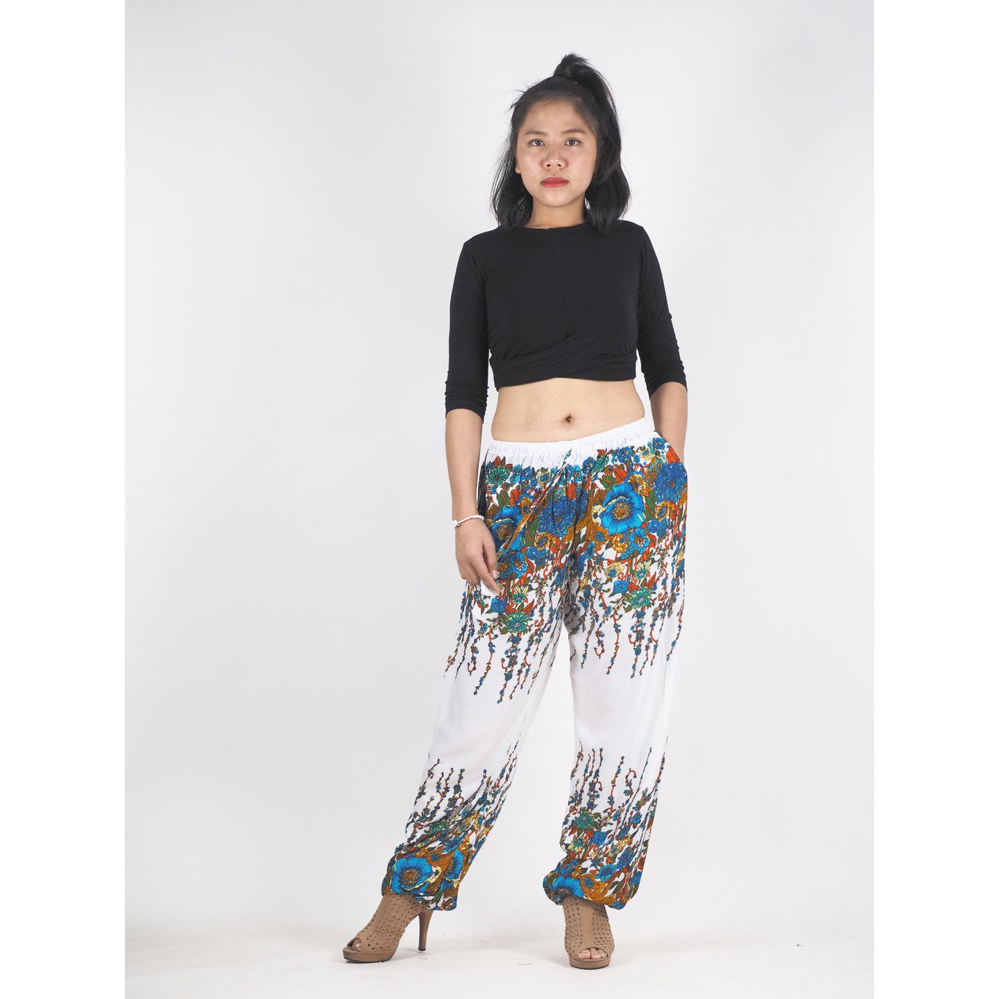 Flowers Unisex Drawstring Genie Pants in Navy Blue PP0110 020045 01