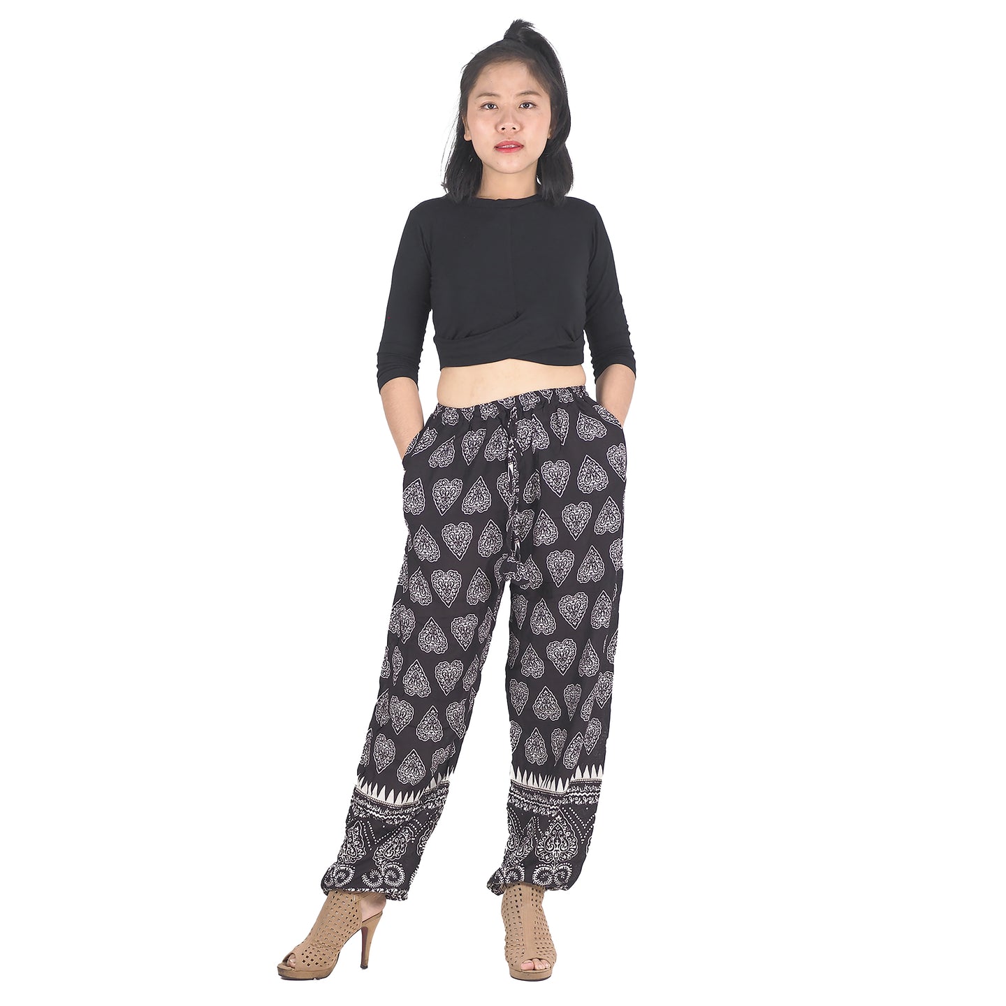 Lovely Heart Unisex Drawstring Genie Pants in Black PP0110 020078 01