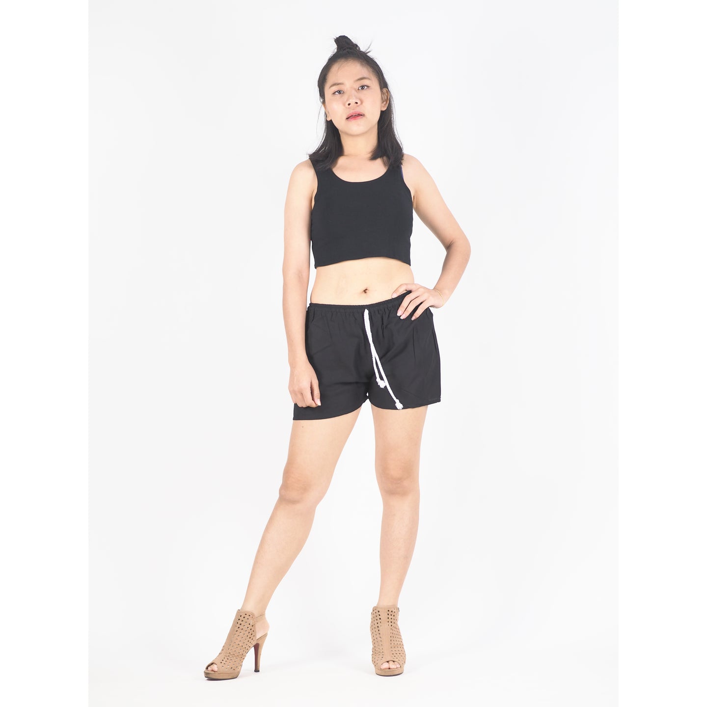 Solid Color Women's Shorts Drawstring Genie Pants in Black PP0142 020000 10