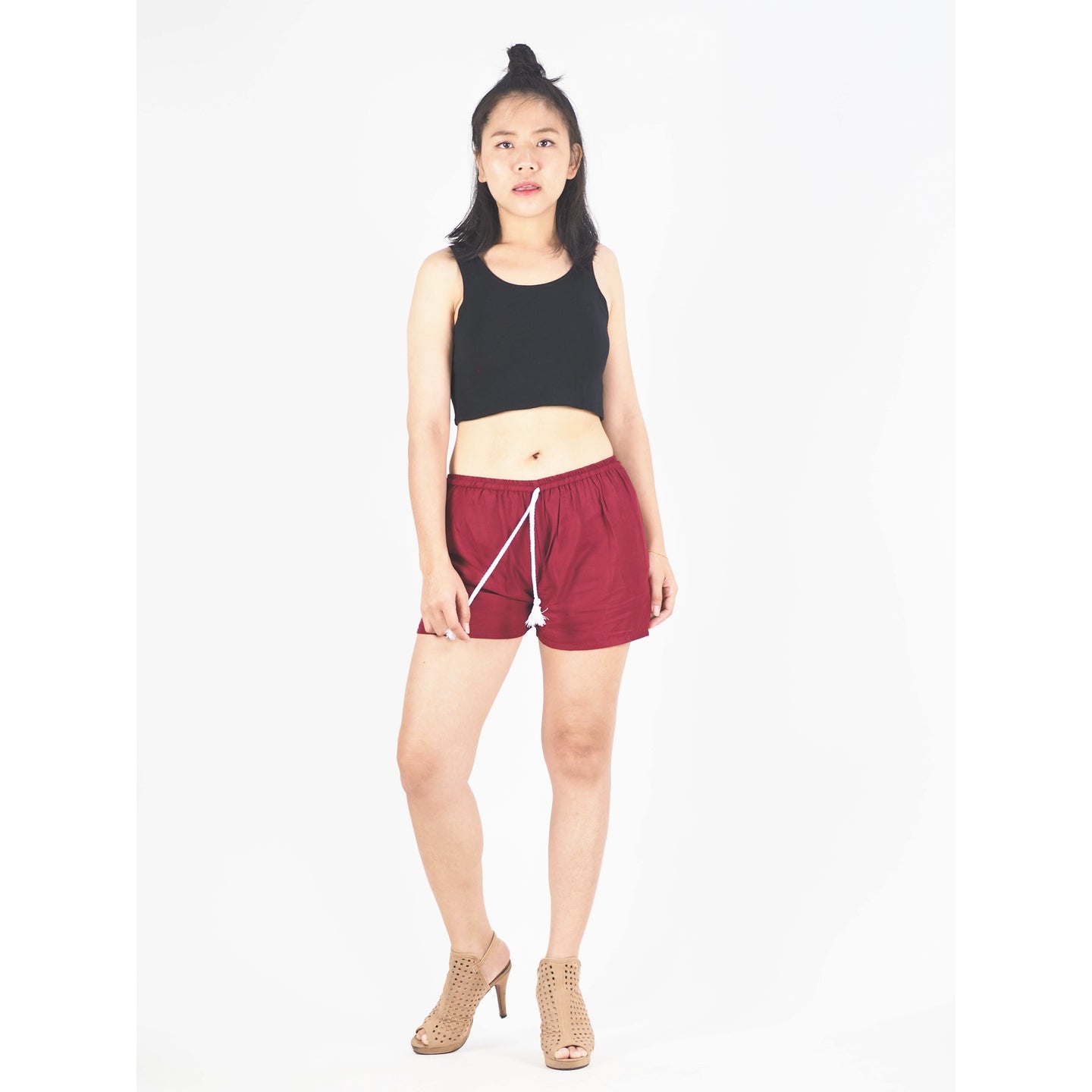 Solid Color Women's Shorts Drawstring Genie Pants in Burgundy PP0142 020000 15