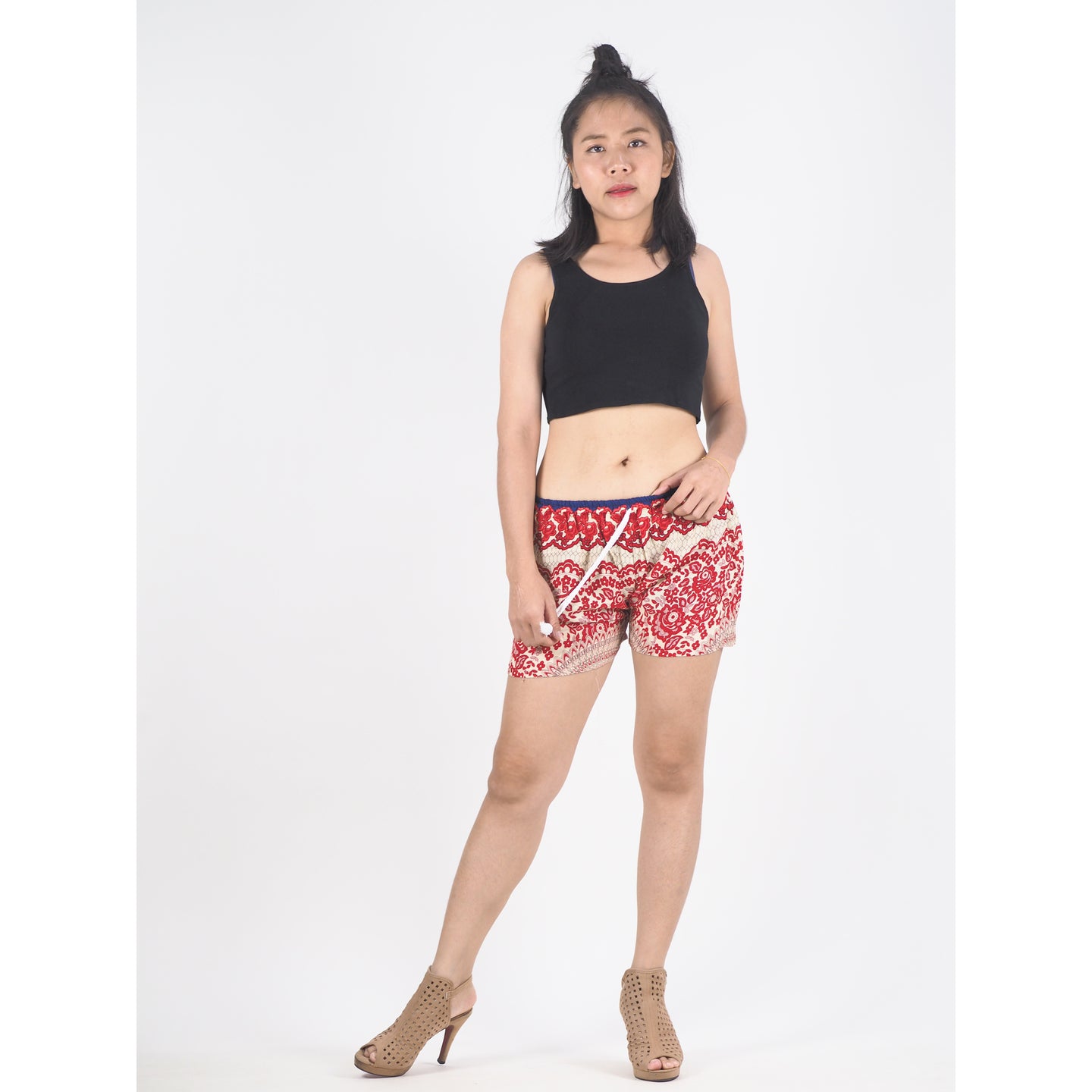 Tone Mandala  Women's Shorts Drawstring Genie Pants in Red PP0142 020032 02