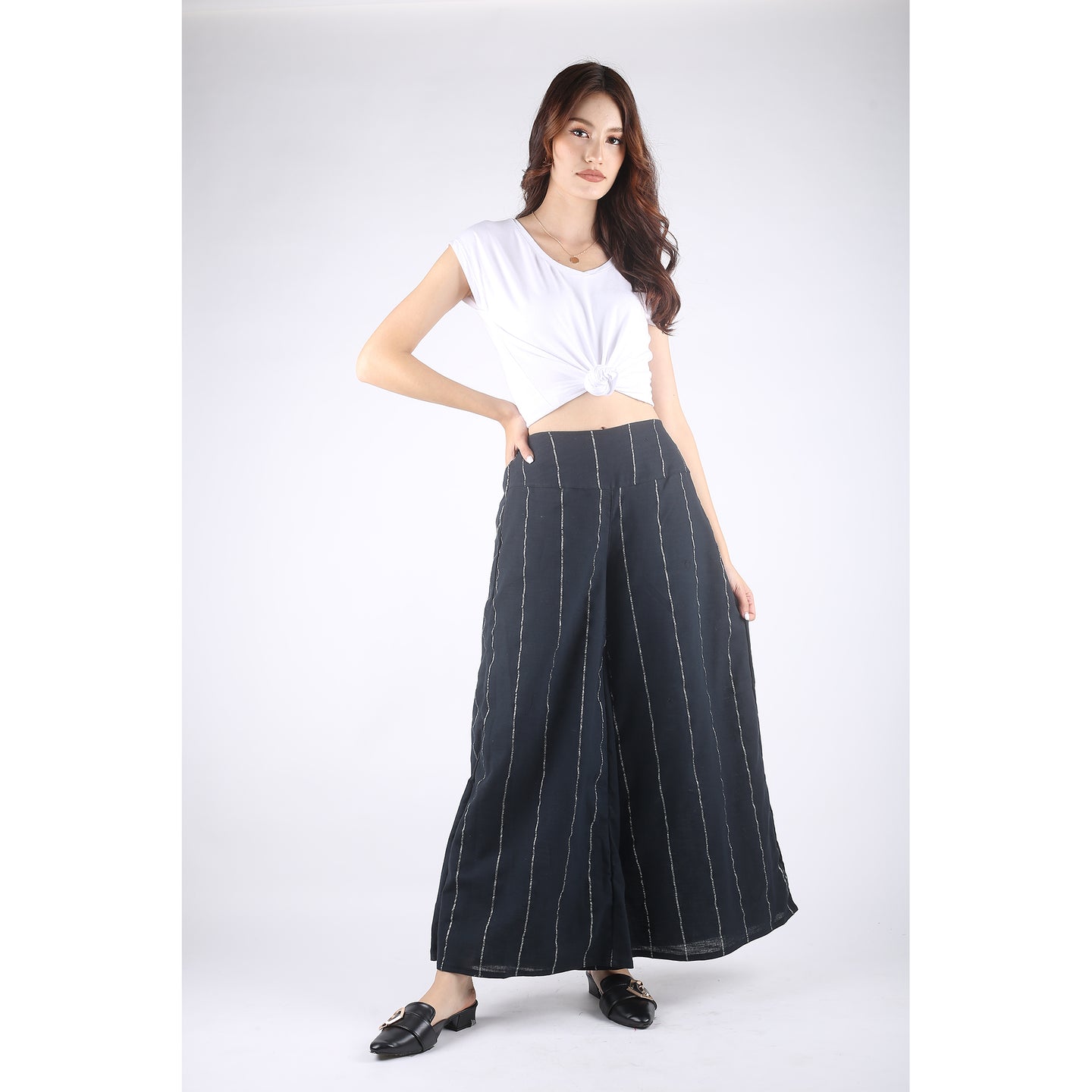 White Vertical Stripes Seamless Women's Cotton Palazzo Pants in Black PP0304 010102 01
