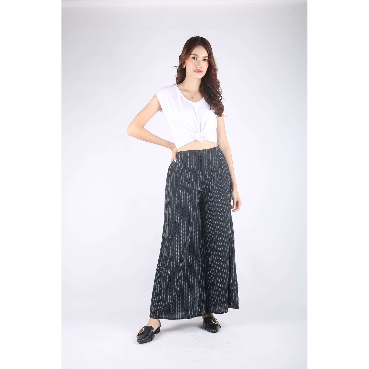 White Vertical dot Stripes Women's Cotton Palazzo Pants in Black PP0304 010103 01