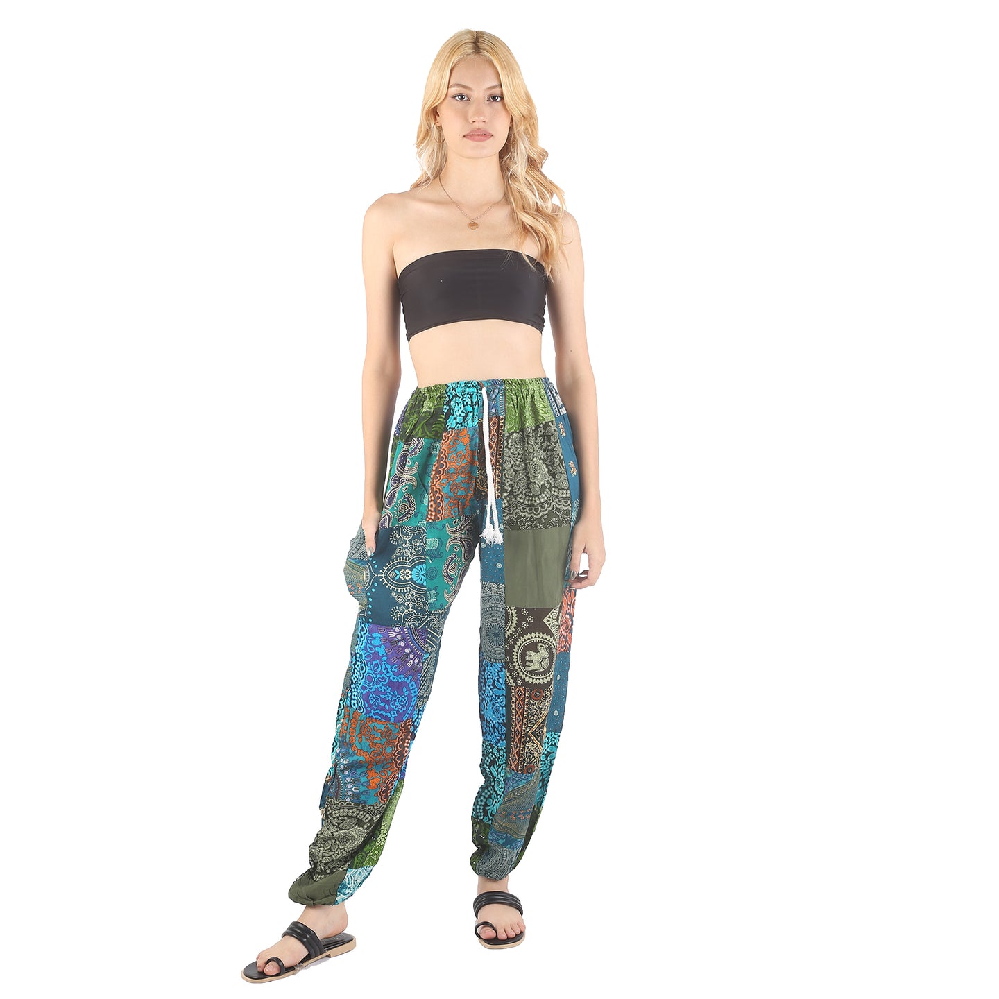 Patchwork Unisex Drawstring Genie Pants in Green PP0110 028000 20