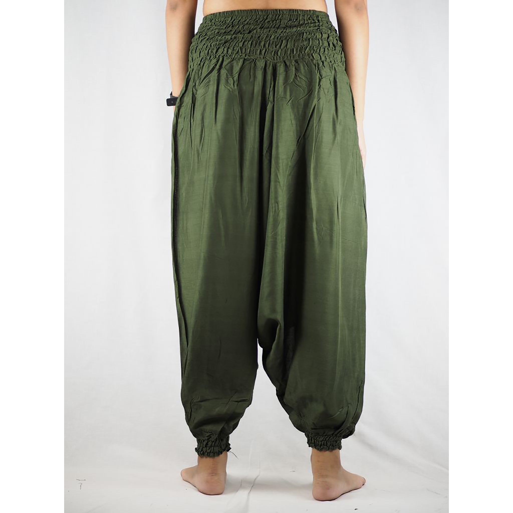 Solid color Unisex Aladdin drop crotch pants in Olive PP0056