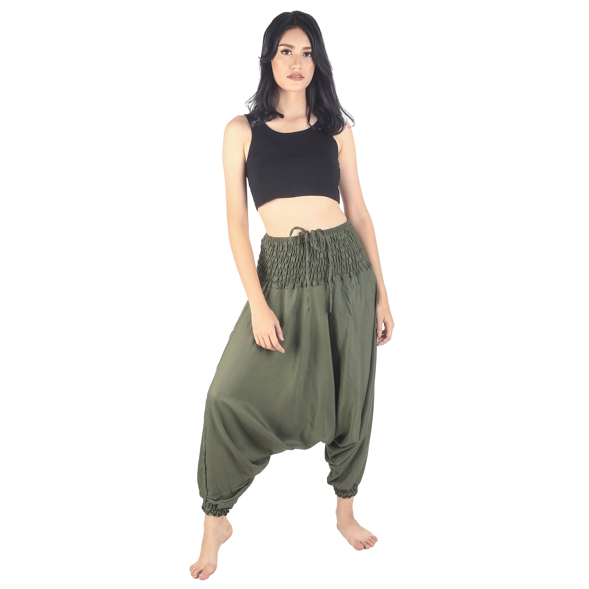 Solid color Unisex Aladdin drop crotch pants in Olive PP0056